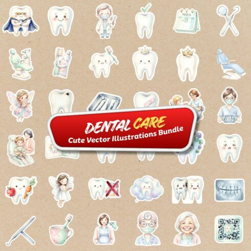 Dental Care Stickers – 90 Cute Vector Illustrations Bundle (SVG, JPG, PNG) cover image.