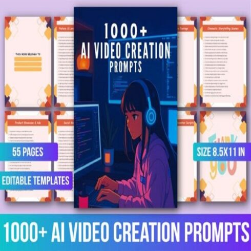 1000+ AI Video Prompts for Runway ML, Pika, Midjourney & ChatGPT | Cinematic Video Generation Prompt Book cover image.
