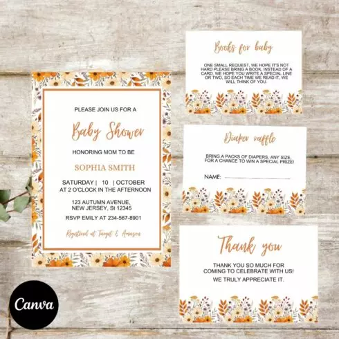 Fall Floral Baby Shower Invitation Suite, Editable Canva Template, Wildflower Autumn Invite with Books for Baby, Diaper Raffle & Thank You Cards cover image.
