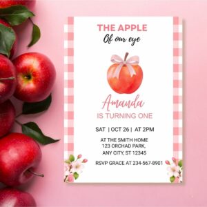 Pink Gingham Apple Birthday Party Template, Girl 1st Birthday Invite Editable, Instant Download cover image.