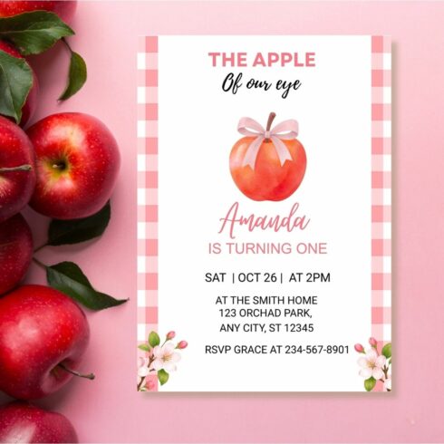 Pink Gingham Apple Birthday Party Template, Girl 1st Birthday Invite Editable, Instant Download cover image.