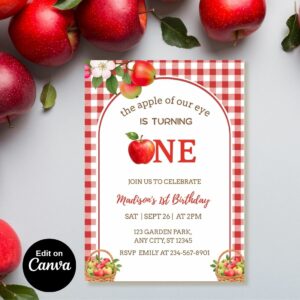 Apple of Our Eye Birthday Invitation, Editable Apple Picking 1st Birthday Invite, Red Gingham Apple Orchard Party, Girl Boy, Instant Download Canva Template cover image.