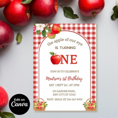 Apple of Our Eye Birthday Invitation, Editable Apple Picking 1st Birthday Invite, Red Gingham Apple Orchard Party, Girl Boy, Instant Download Canva Template cover image.