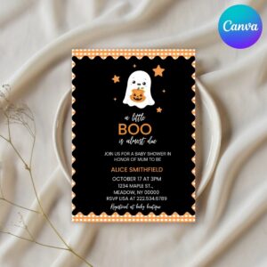 Black Orange Gingham Scalloped Ghost Invite, Halloween Baby Shower Invitation, Printable Boo Baby Shower, Instant Download cover image.
