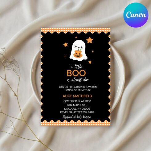Black Orange Gingham Scalloped Ghost Invite, Halloween Baby Shower Invitation, Printable Boo Baby Shower, Instant Download cover image.