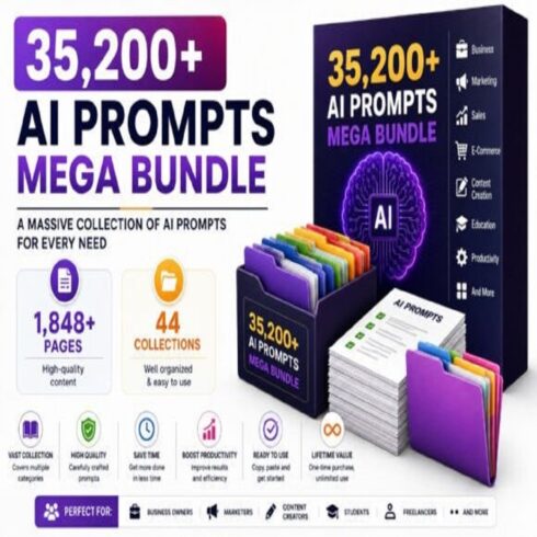 35,200+ Ultimate AI Prompts Mega Bundle | ChatGPT, Marketing, Business & Side Hustle Prompt Book (1,848 Pages) cover image.