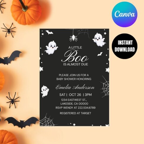 Little Boo Baby Shower Invitation, Black White Ghost & Spiderweb Invite, Spooky Printable Baby Shower, Instant Download cover image.