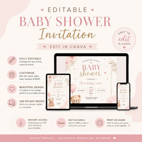 Editable Baby Shower Invitation Template cover image.