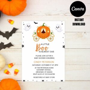 Halloween Baby Shower Invitation, Pumpkin Carriage & Ghost Invite, Editable Canva Template, Cinderella Style Printable Girl Baby Shower, Instant Download cover image.