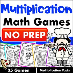 Free 35 No Prep Multiplication Math Games – Fact Fluency Printables & Digital Easel cover image.