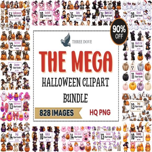 828 Halloween Clipart PNG Mega Bundle | Spooky Cute Autumn Graphics & Transparent PNG Sublimation Designs cover image.