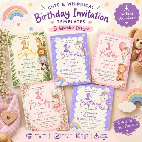 "1st Birthday Invitation Template, Editable Girl First Birthday Invite, Printable Pink Unicorn Rainbow Party Invitation, Instant Download" cover image.