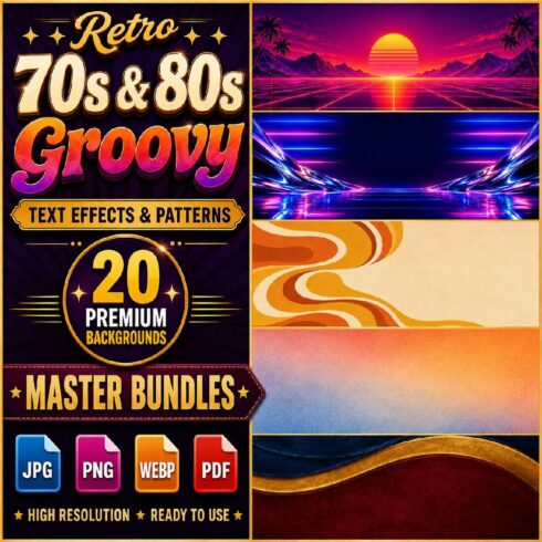 Retro 70s 80s Groovy Backgrounds Bundle with Copy Space - Disco Vibes & Vintage Patterns cover image.
