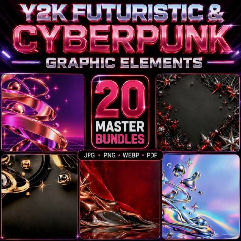 20 Abstract Y2K Futuristic & Cyberpunk Metallic Elements Bundle with Copy Space - Chrome Backgrounds cover image.