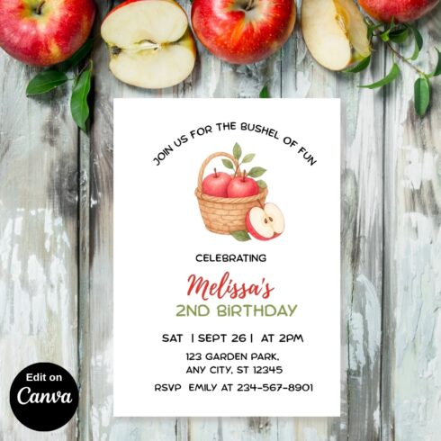 Bushel of Fun Birthday Invitation, Editable Apple Basket Birthday Invite, Apple Picking Party Template, Any Age, Instant Download Canva cover image.