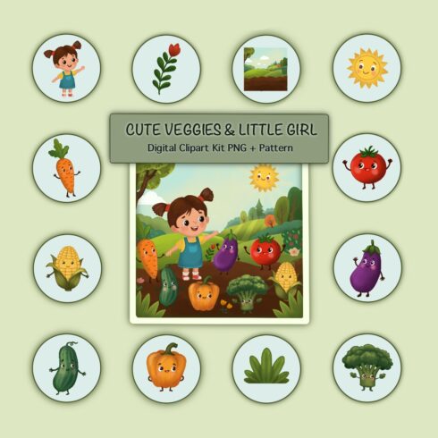 Cute Veggies and Little Girl Clipart Kit, Educational Vegetable Graphics & Seamless Pattern cover image.