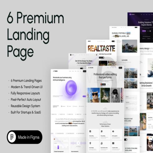6 Premium Landing Page UI Kits for Figma - Responsive Web Templates & Design System cover image.