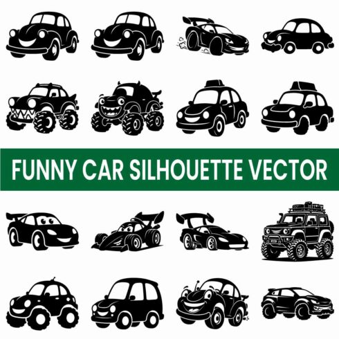 funny black silhouette cars and monster truck characters set designs cover image.