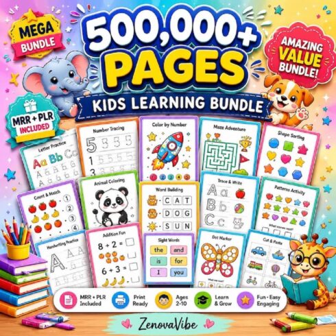 500K+ Kids Educational Bundle PLR/MRR | Printable Worksheets cover image.