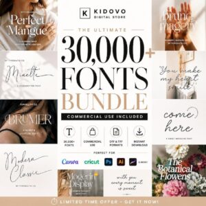 30,000+ Font Master Bundle – TTF & OTF Commercial Use Fonts for Cricut, Canva & Procreate cover image.
