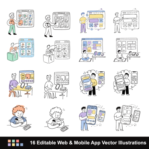 16 Playful Hand-Drawn Web & Mobile App Vector Illustrations cover image.