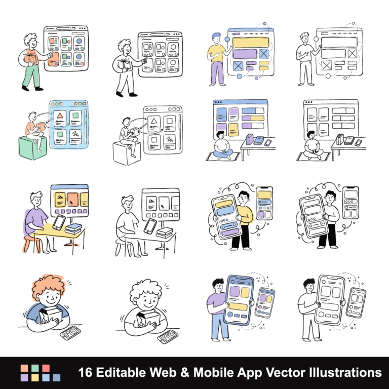 16 Playful Hand-Drawn Web & Mobile App Vector Illustrations cover image.