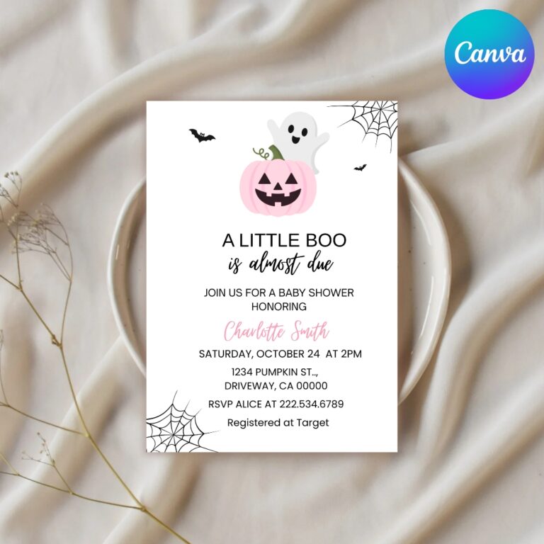 Halloween Baby Shower Invitation, Little Boo Ghost & Pumpkin Invite, Editable Template, Printable Girl Baby Shower, Instant Download cover image.