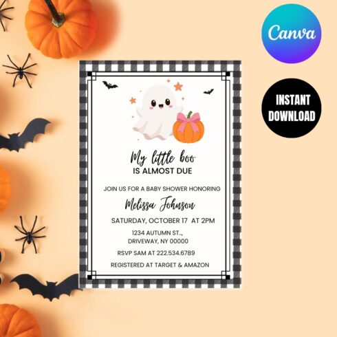 Buffalo Plaid My Little Boo Ghost & Pumpkin Invite, Halloween Baby Shower Invitation, Editable Canva Template, Gender Neutral Printable, Instant Download cover image.