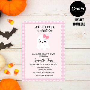 Halloween Baby Shower Invitation Girl, Pink Gingham Little Boo Ghost Invite, Editable Template, Printable Fall Baby Girl Shower, Instant Download cover image.