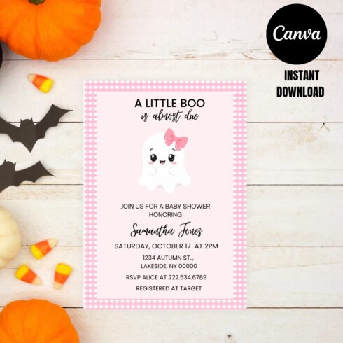 Halloween Baby Shower Invitation Girl, Pink Gingham Little Boo Ghost Invite, Editable Template, Printable Fall Baby Girl Shower, Instant Download cover image.