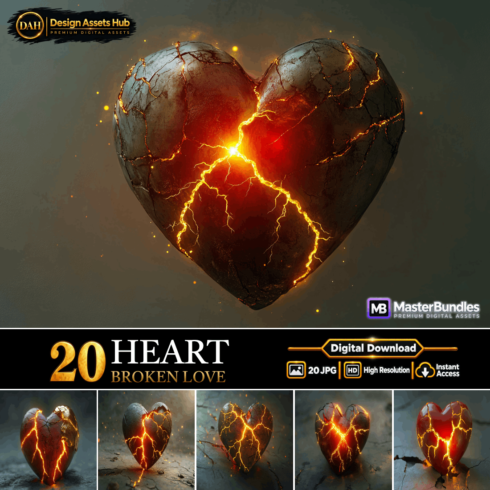 Broken Heart Love Images – Cracked Heart Fantasy JPG Backgrounds for Romantic Designs, Posters and Digital Projects cover image.
