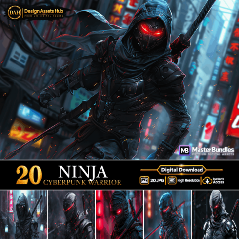 Cyberpunk Ninja Digital Backgrounds and High-Resolution Futurist Assassin Wallpapers cover image.