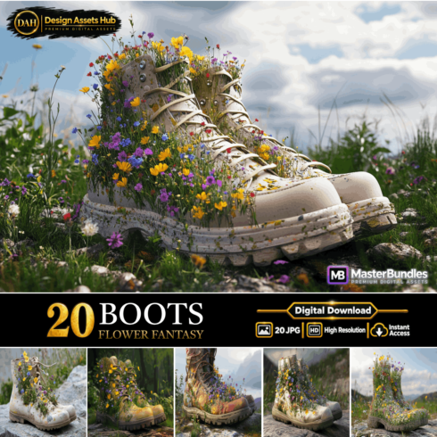 Flower Boots Fantasy Images – Floral Hiking Shoes in Mountain Nature for Outdoor, Fashion and Creative Designs cover image.