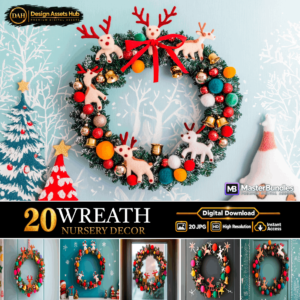 Charming Christmas Wreaths with Reindeer and Festive Ornaments Digital Backgrounds cover image.