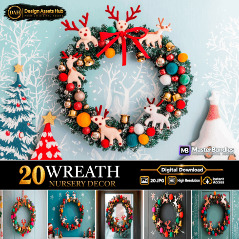 Charming Christmas Wreaths with Reindeer and Festive Ornaments Digital Backgrounds cover image.