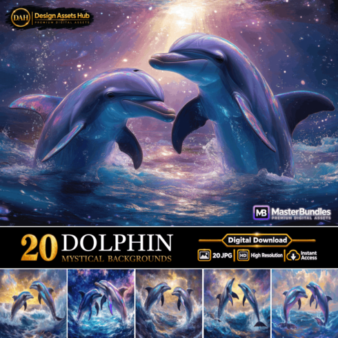 20 Dolphin Mystical Backgrounds Bundle - High-Resolution Digital Wallpapers and Sea Life Graphic Assets cover image.