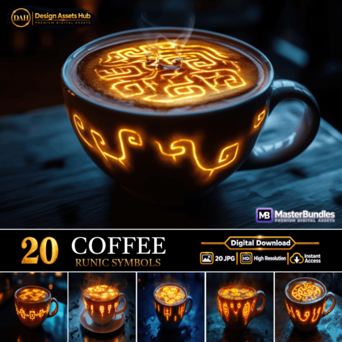 Mystical Coffee Runic Symbols Digital Backgrounds and Glowing Magical Artifact Wallpapers cover image.