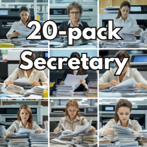 20-pack Secretary Office Workflow Digital Backgrounds, Busy Administrative Assistant Paperwork and Corporate Workplace Scenes cover image.