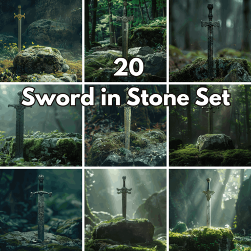 20 Sword in Stone Backgrounds – Fantasy Excalibur and Medieval Forest Photo Set cover image.
