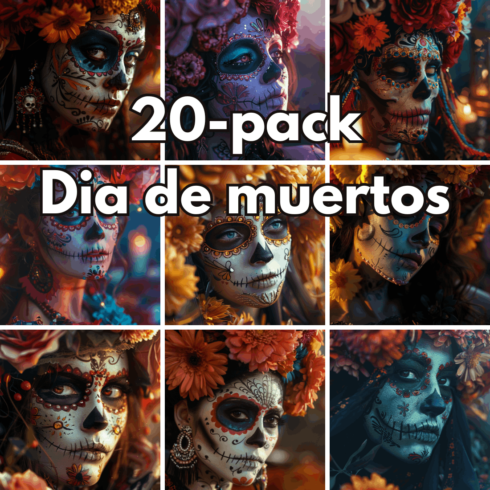 20-pack Dia de Muertos Digital Backgrounds – High-Resolution Sugar Skulls and Floral Calaveras Stock Images cover image.