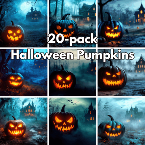 20-Pack Halloween Spooky Jack-o'-Lanterns and Haunted House Digital Backgrounds cover image.