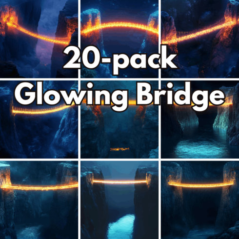 20-pack Glowing Bridge Digital Backgrounds, Mysterious Canyon Scenery and Illuminated Night Landscapes cover image.