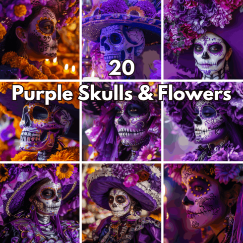 20 Dia de Muertos Purple Skulls & Flowers Digital Backgrounds, Aesthetic Sugar Skull with Floral Hats JPG Set cover image.