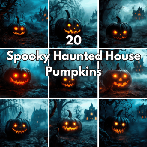 20 Halloween Spooky Haunted House Pumpkins, Creepy Jack-o-Lanterns & Misty Night Digital Backgrounds cover image.