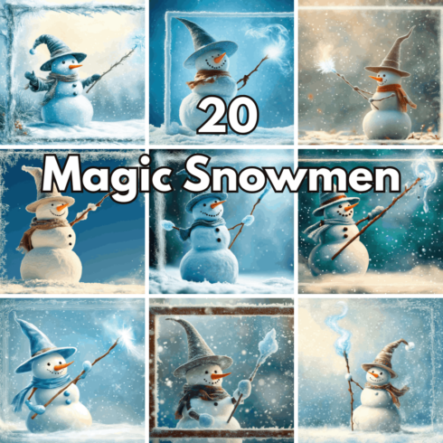 20 Magic Snowman Wizard Stock Photos, Winter Wonderland & Christmas Digital Backgrounds cover image.