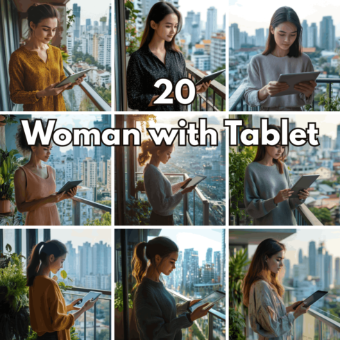 20 Woman with Tablet Digital Backgrounds, City Balcony Lifestyle Wallpapers and Urban Remote Work Concept Art cover image.