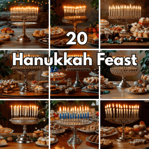 20 Hanukkah Feast Digital Art Set – High-Resolution Menorah and Traditional Holiday Sweets Backgrounds for Festive Design cover image.