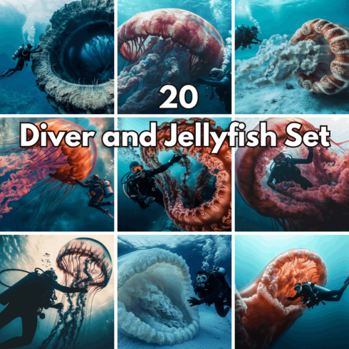 20 Diver and Giant Jellyfish Backgrounds – Deep Sea Underwater Exploration and Ocean Adventure Photo Set cover image.