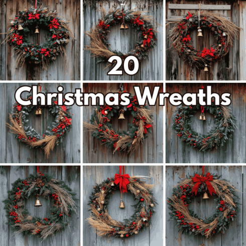 20 Christmas Wreath Digital Backgrounds, Festive New Year Wallpapers and Holiday Decor Design Assets cover image.
