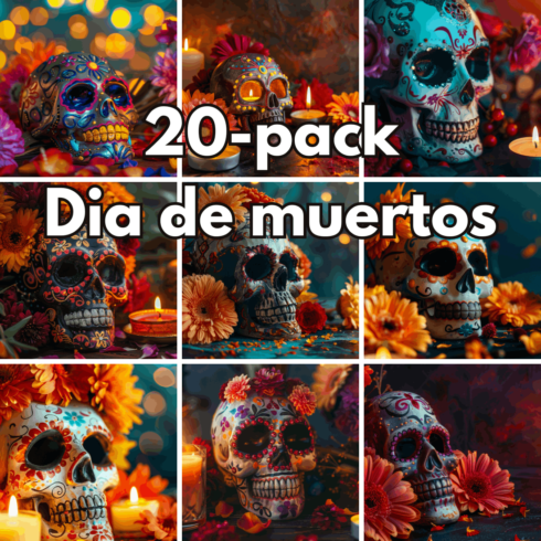 20 Photos Dia de Muertos Digital Backgrounds – High-Resolution Sugar Skulls and Floral Calaveras Stock Images for Creative Projects cover image.